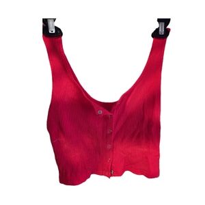Women's Red Ribbed Button-Up Crop Top